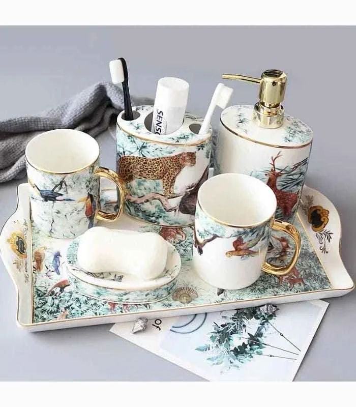 Bathroom Accessories Set Ceramic Bathroom Set Jungle Print -  - #tag1#