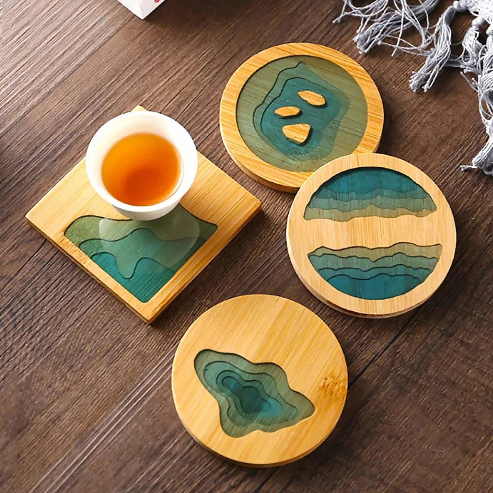 Beach Contour Line Epoxy Art Wooden Coaster -