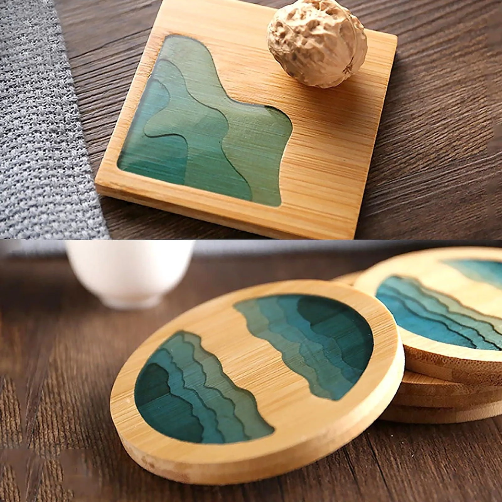 Beach Contour Line Epoxy Art Wooden Coaster -