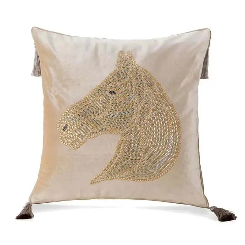 Beaded Horse Head Velvet Cushion Cover with Tassels -  - #tag1#