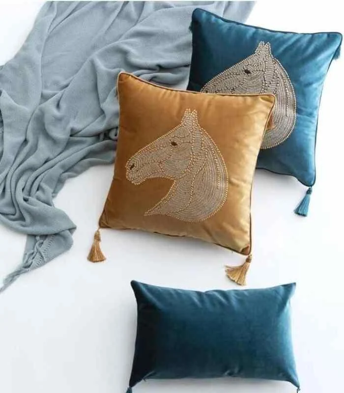 Beaded Horse Head Velvet Cushion Cover with Tassels -  - #tag1#