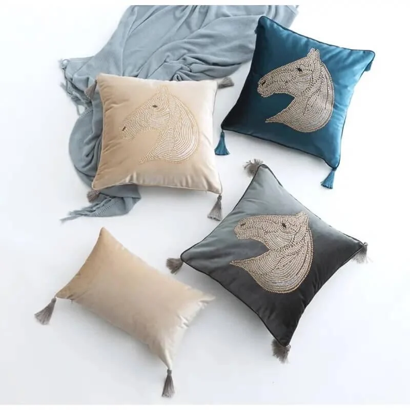 Beaded Horse Head Velvet Cushion Cover with Tassels -  - #tag1#