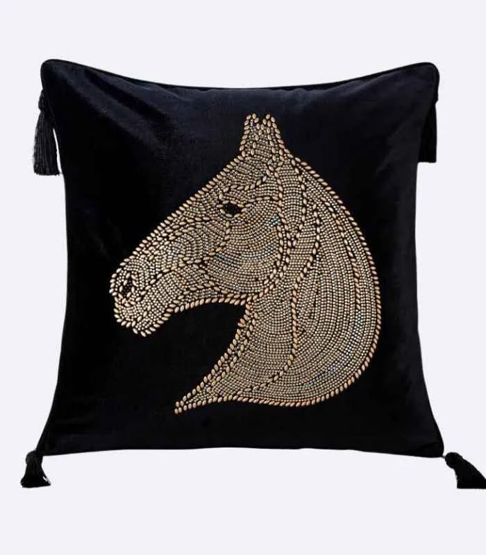 Beaded Horse Head Velvet Cushion Cover with Tassels -  - #tag1#