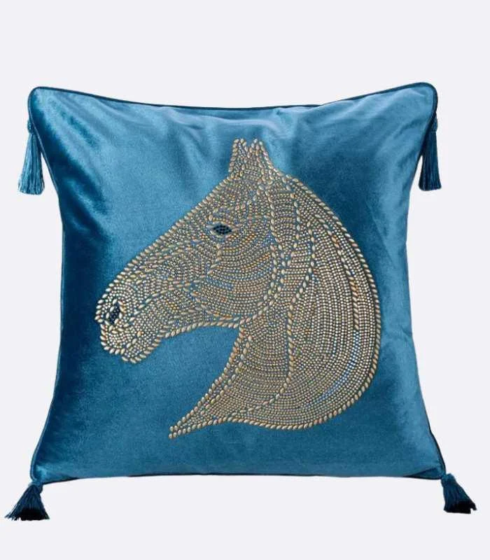 Beaded Horse Head Velvet Cushion Cover with Tassels -  - #tag1#