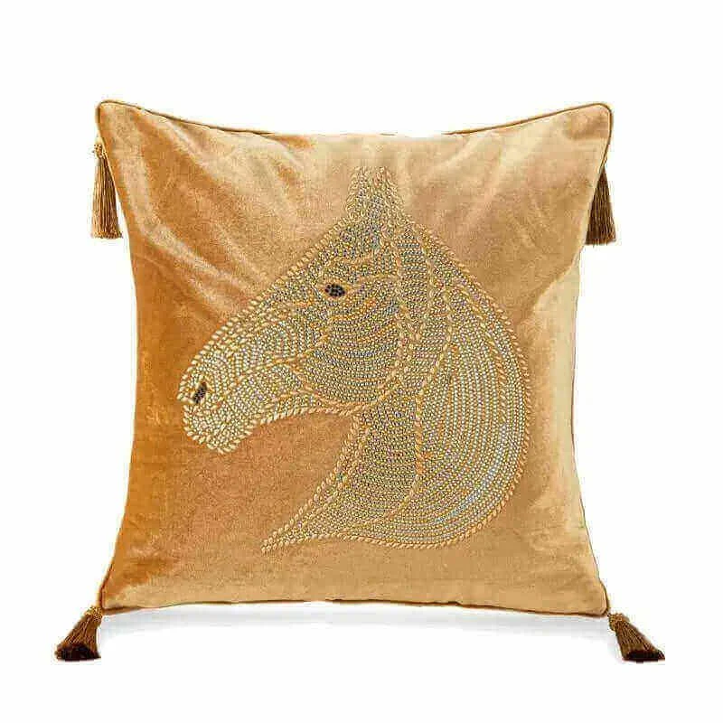 Beaded Horse Head Velvet Cushion Cover with Tassels -  - #tag1#