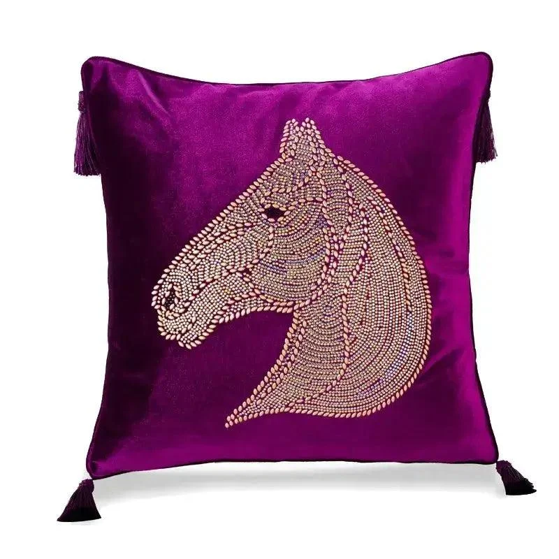 Beaded Horse Head Velvet Cushion Cover with Tassels -  - #tag1#