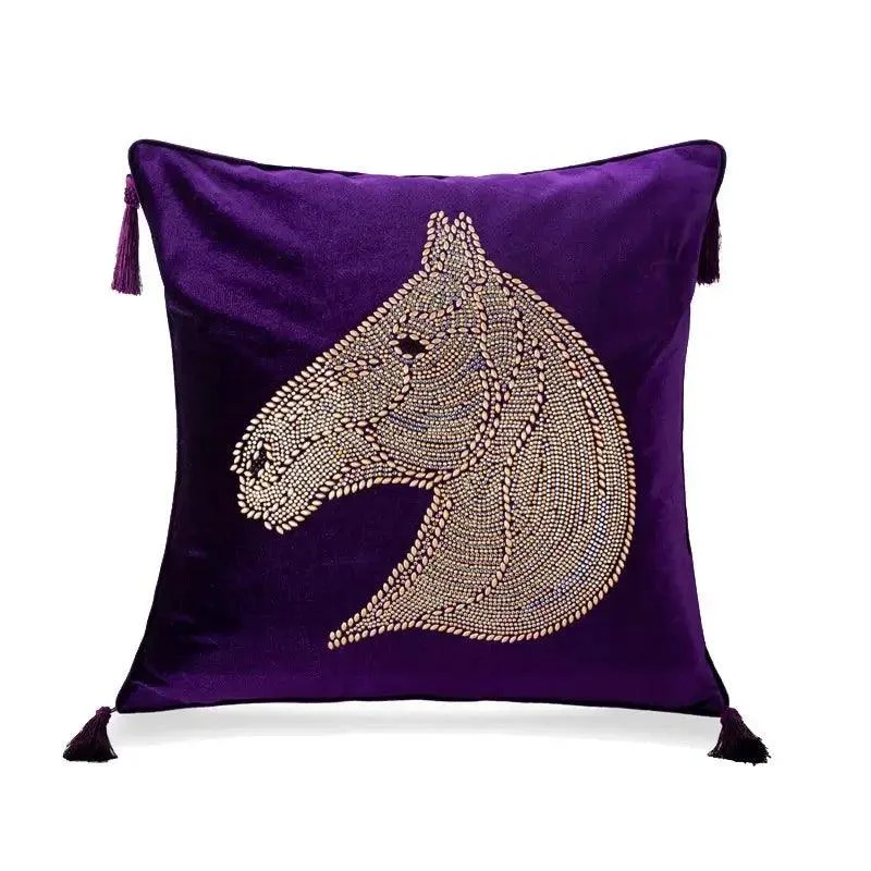 Beaded Horse Head Velvet Cushion Cover with Tassels -  - #tag1#