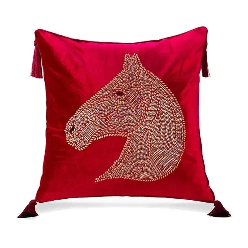 Beaded Horse Head Velvet Cushion Cover with Tassels -  - #tag1#