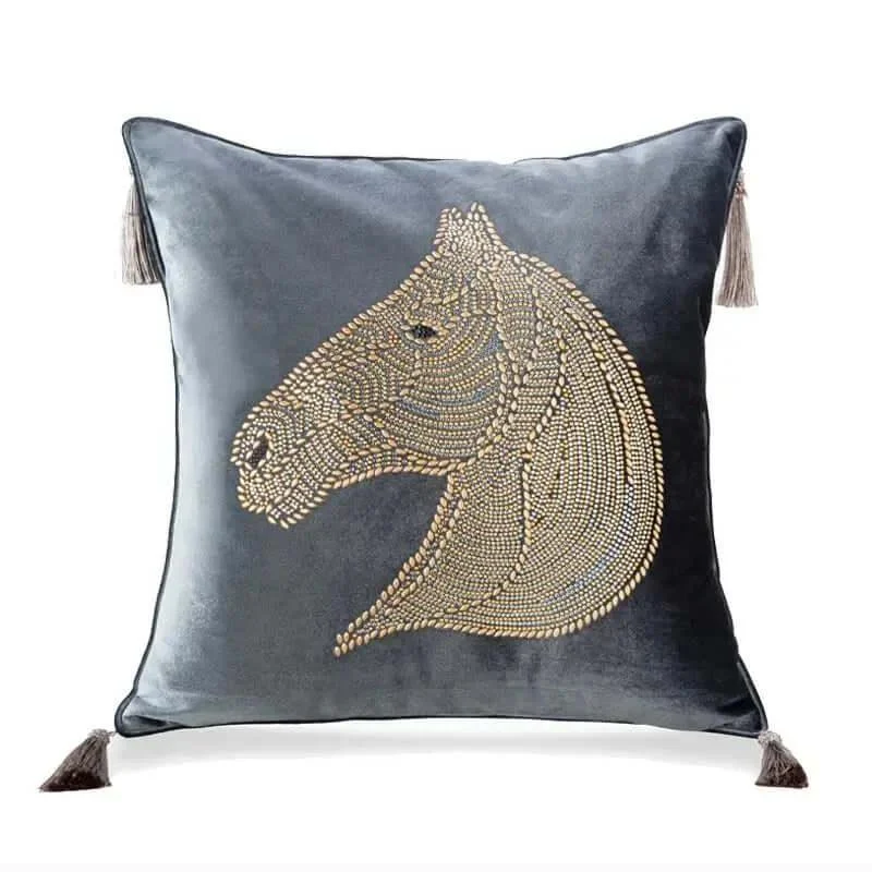 Beaded Horse Head Velvet Cushion Cover with Tassels -  - #tag1#