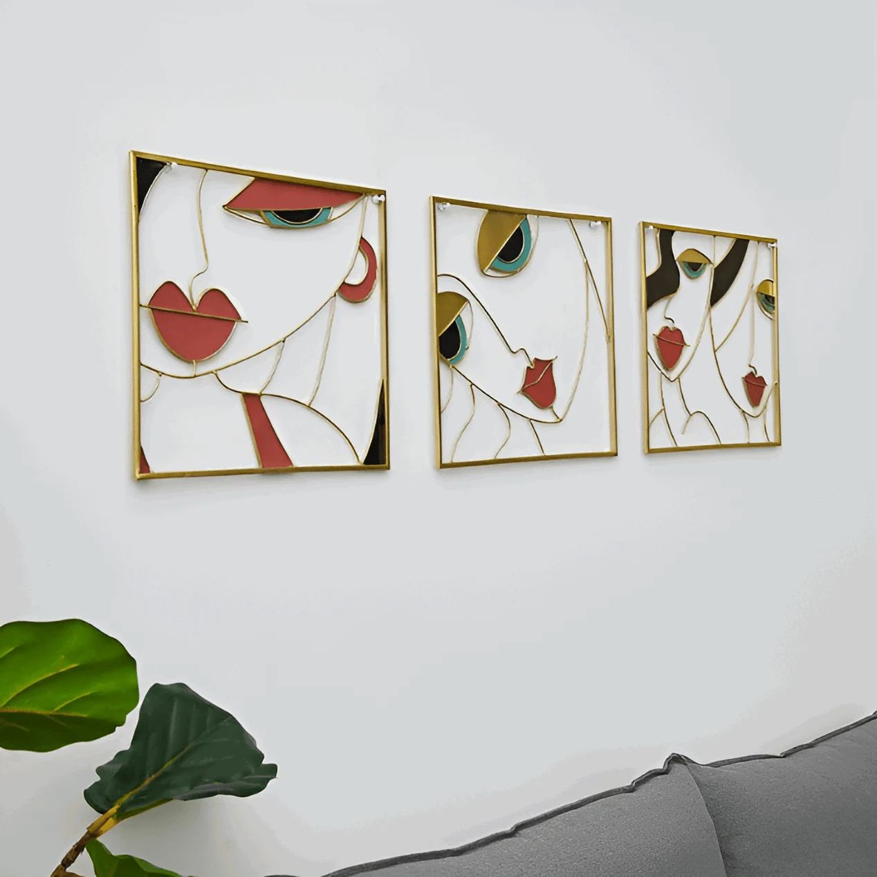 Beauty Trio - 3-piece abstract face metal silhouette set for wall decoration -  - #tag1#