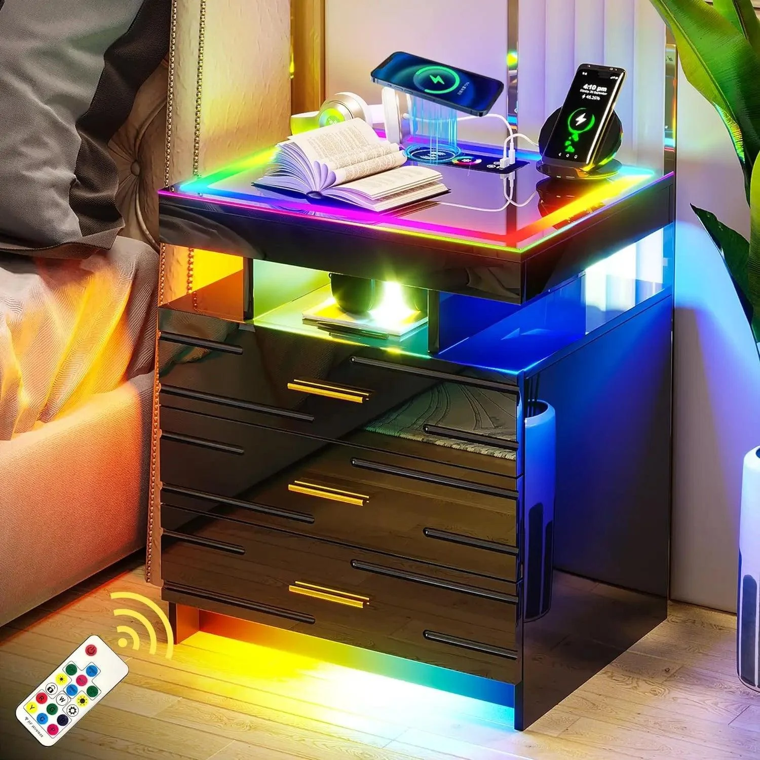 Bedroom Furniture Glass With Touch Screen Bedside Table RGB LED Bedside Table With Charging Station -  - #tag1#