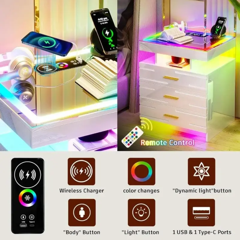 Bedroom Furniture Glass With Touch Screen Bedside Table RGB LED Bedside Table With Charging Station tag1