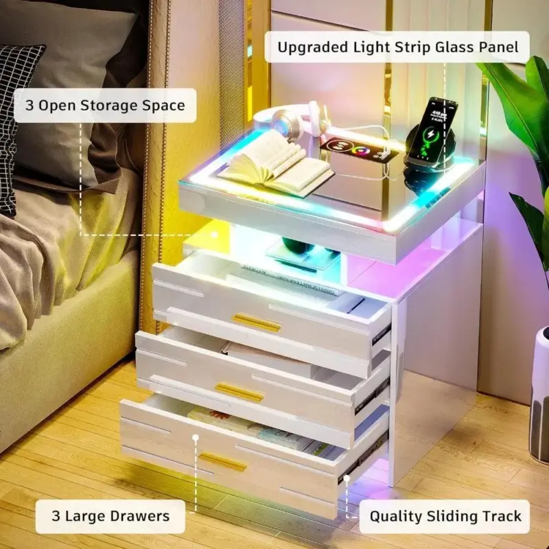 Bedroom Furniture Glass With Touch Screen Bedside Table RGB LED Bedside Table With Charging Station tag1