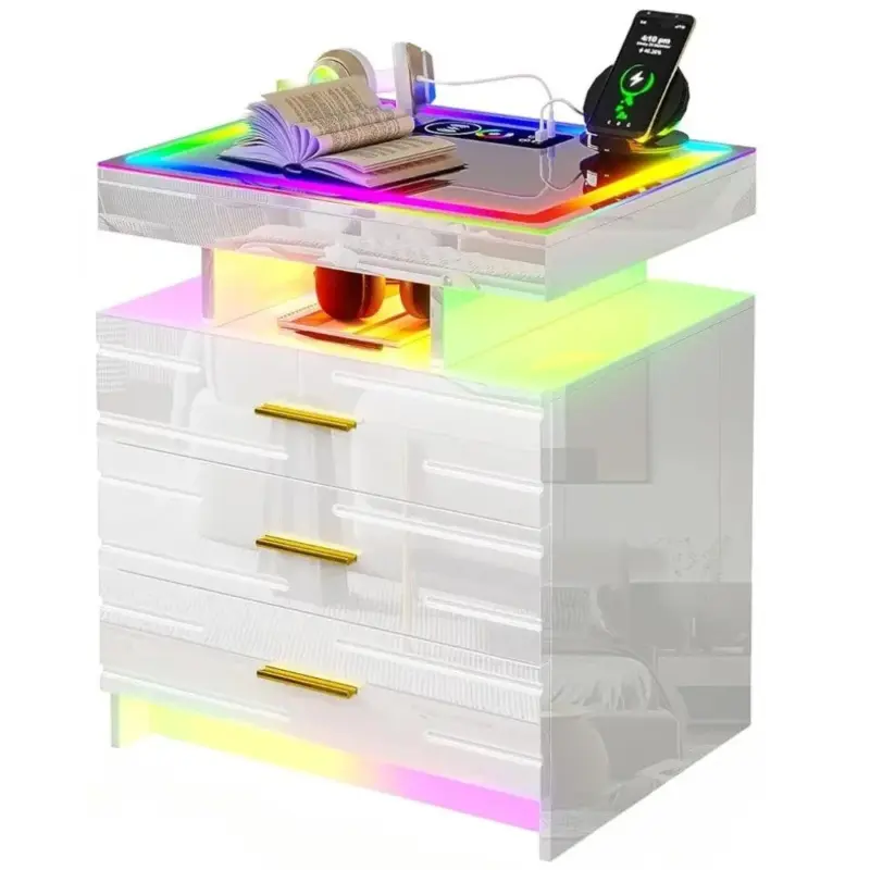 Bedroom Furniture Glass With Touch Screen Bedside Table RGB LED Bedside Table With Charging Station tag1