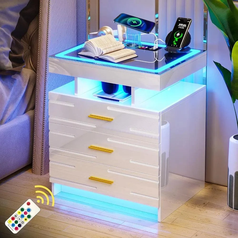 Bedroom Furniture Glass With Touch Screen Bedside Table RGB LED Bedside Table With Charging Station -  - #tag1#