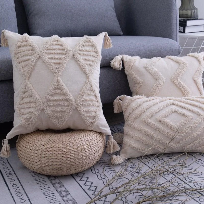 Beige Tassels Cushion Covers -