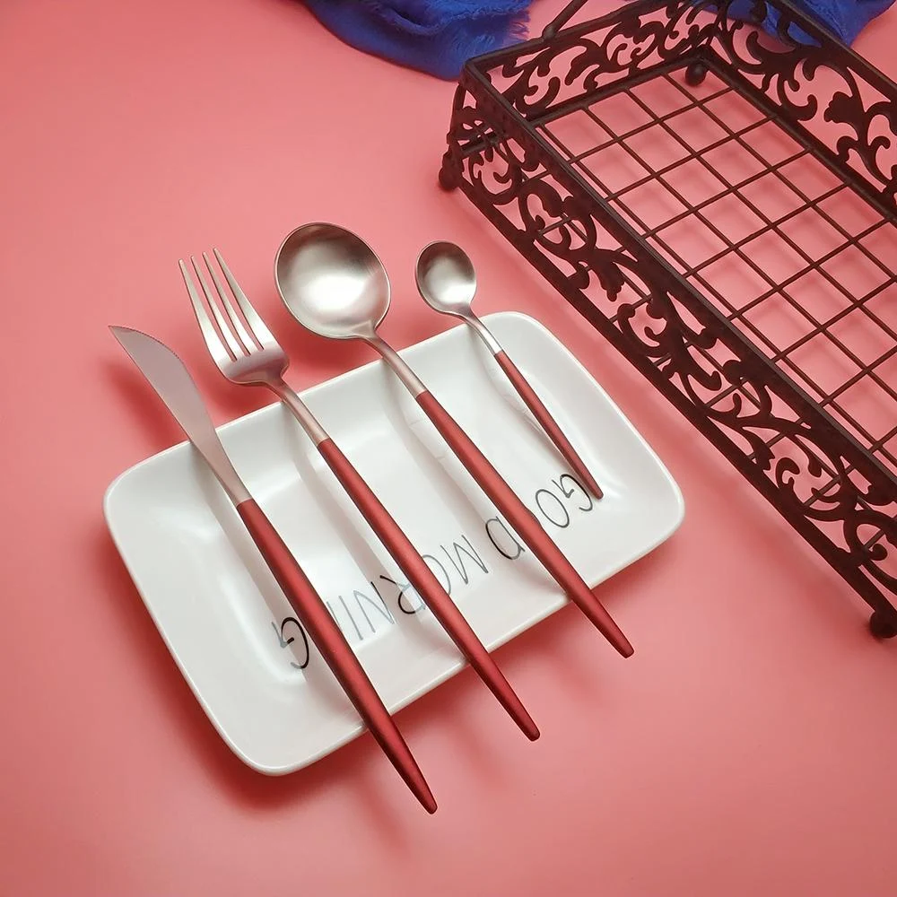 Best Hot Sale 4 Pcs Set Red Silver Color Dinnerware Set 304 Stainless Steel Western Cutlery