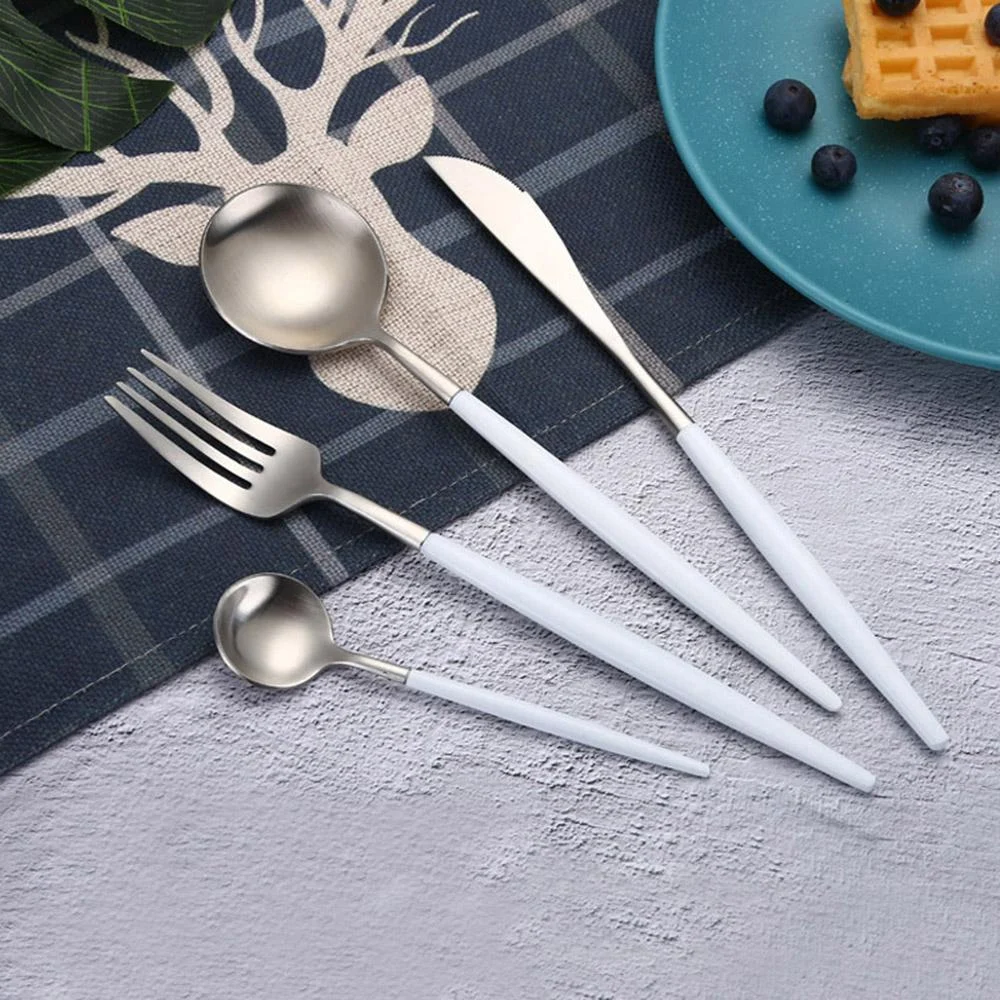 Best Hot Sale 4 Pcs Set White Silver Dinnerware Set 304 Stainless Steel Western Cutlery Kitchen