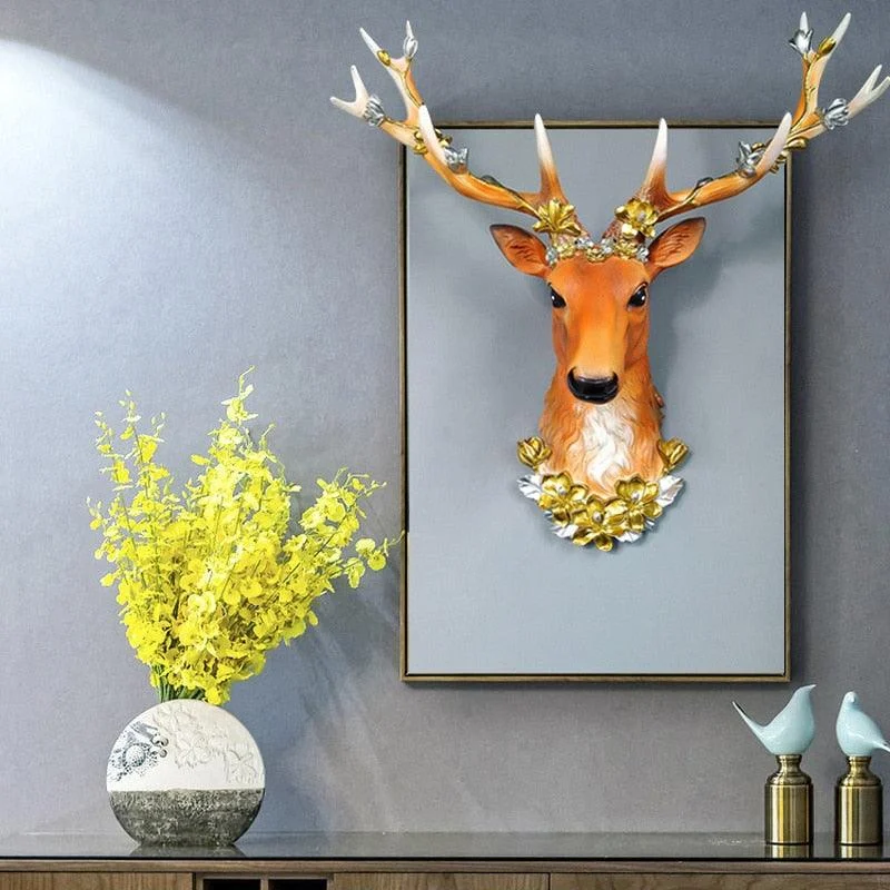 Big Deer Head Statue Home Decoration Accessories 3D Abstract Sculpture Wall Hang Decor Elk Statues Living Room Mural Art Craft -  - #tag1#