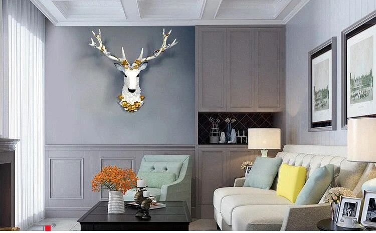Big Deer Head Statue Home Decoration Accessories 3D Abstract Sculpture Wall Hang Decor Elk Statues Living Room Mural Art Craft -  - #tag1#