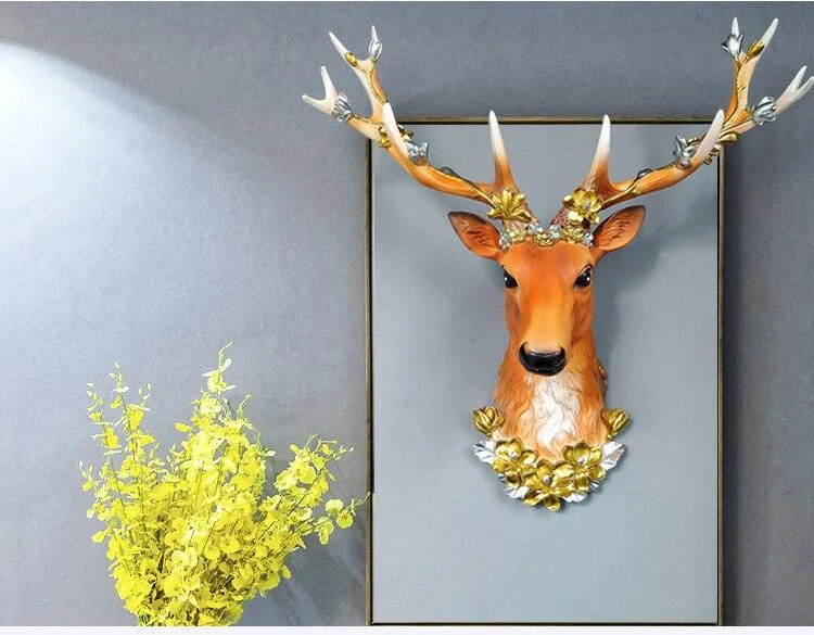 Big Deer Head Statue Home Decoration Accessories 3D Abstract Sculpture Wall Hang Decor Elk Statues Living Room Mural Art Craft -  - #tag1#