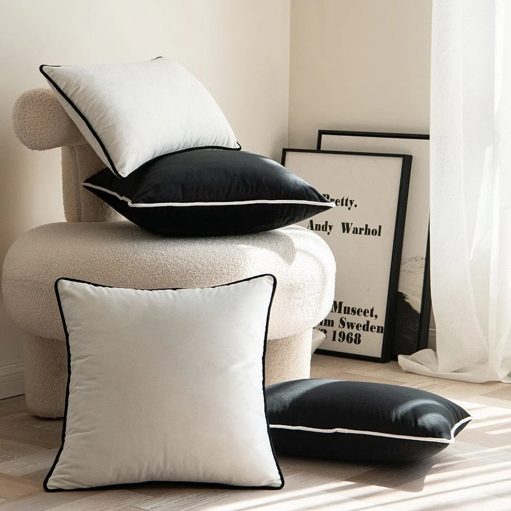 Black And White Velvet Hemming Pillowcase Simple Nordic Style Pillow Cases 50x50 Modern Light Luxury Cushions