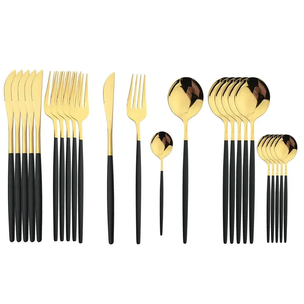 Black & Gold Cutlery Set: Elegant Kitchen Ensemble -