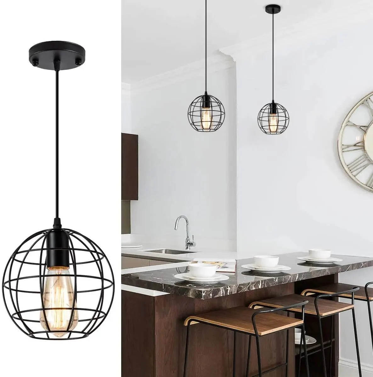 Black Metal Cage Pendant Light: Retro Industrial Charm -