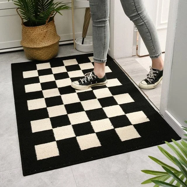 Black White Rug Chess Table Pattern for Front Door Carpet Decor -