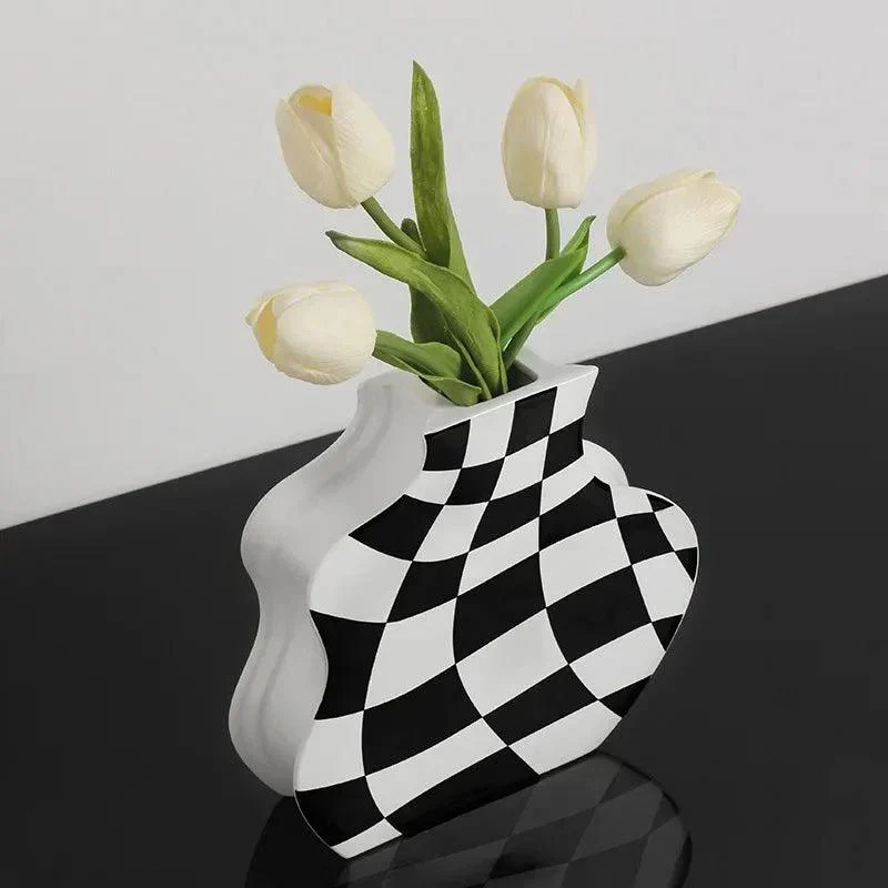 Black and White Ceramic Chequerboard Vase -  - #tag1#