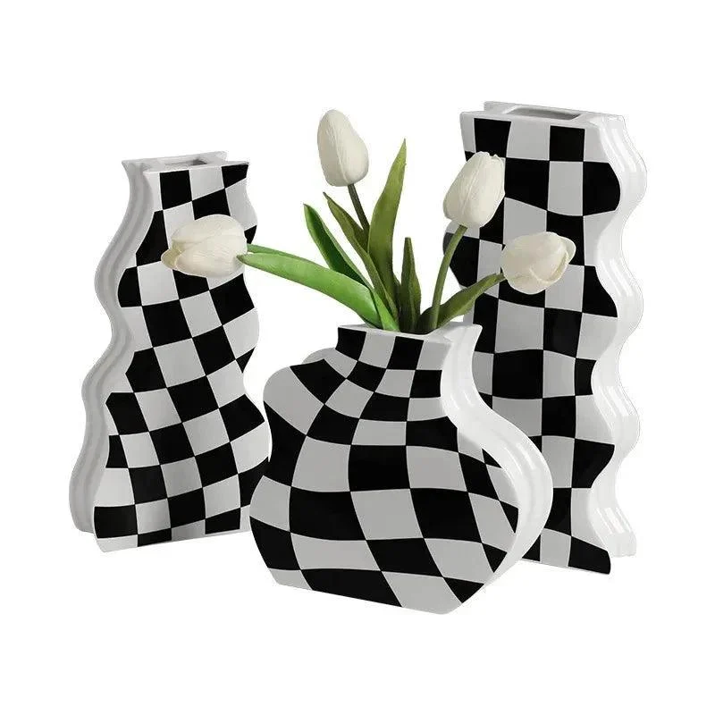 Black and White Ceramic Chequerboard Vase -  - #tag1#