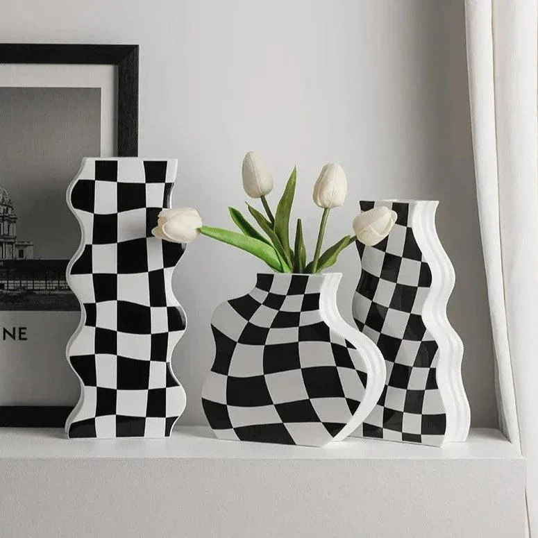 Black and White Check Board Ceramic Vase -