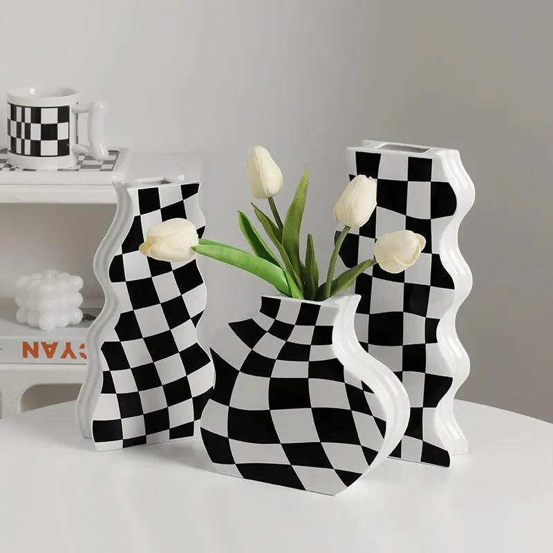 Black and White Check Board Ceramic Vase -