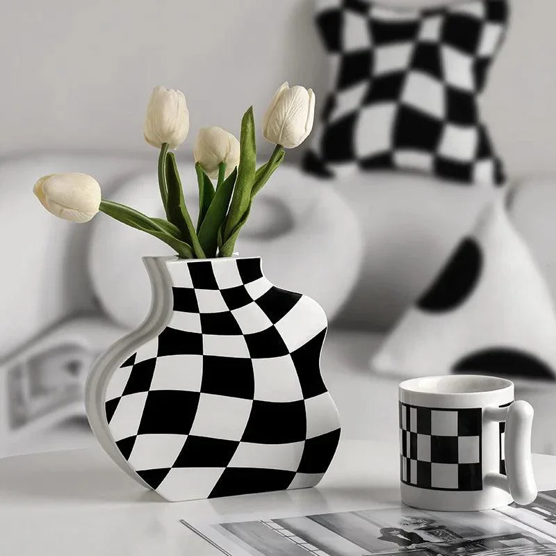 Black and White Check Board Ceramic Vase -