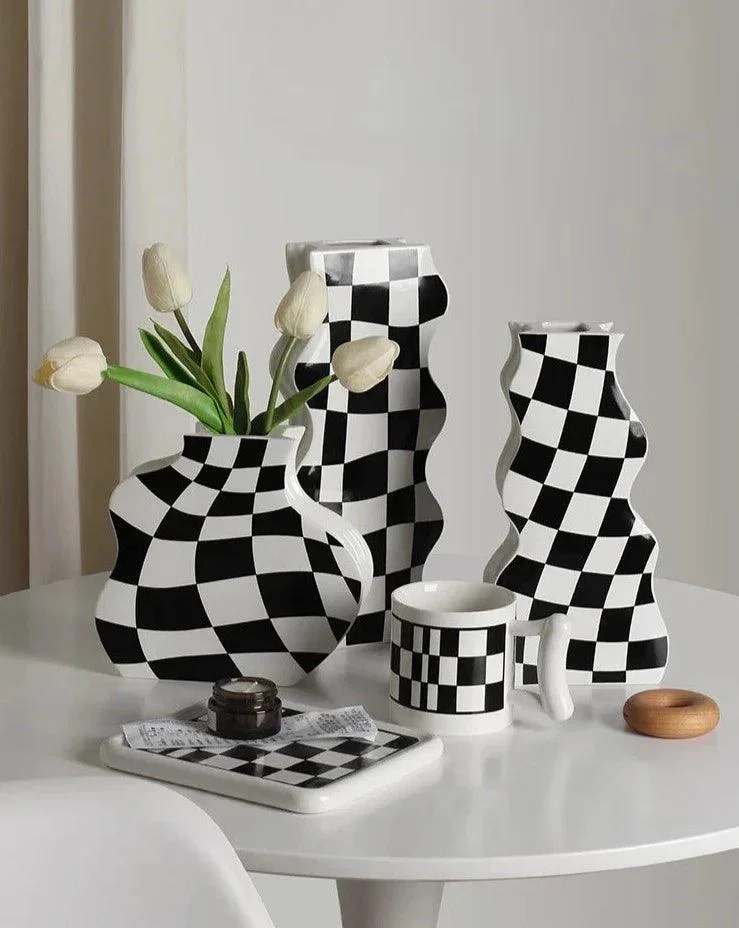 Black and White Check Board Ceramic Vase -