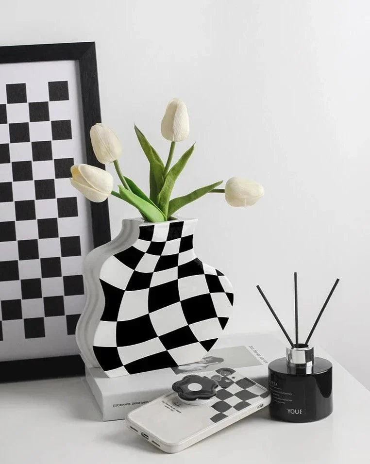 Black and White Check Board Ceramic Vase -