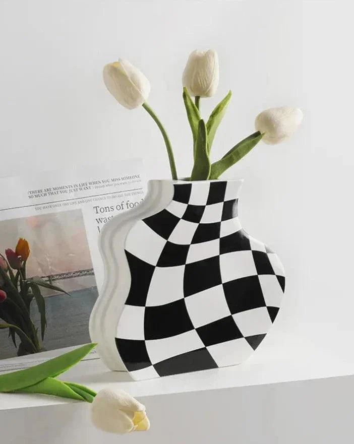 Black and White Check Board Ceramic Vase -