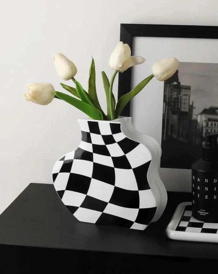 Black and White Check Board Ceramic Vase -