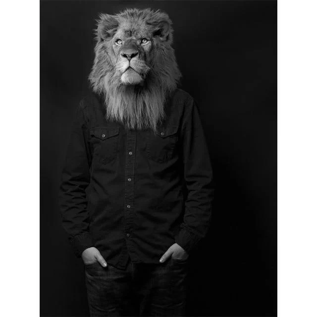 Black and White Classy Lion in Dress Shirt | Wall Art Posters And Prints Animal Wearing a Hat Canvas Painting -  - #tag1#