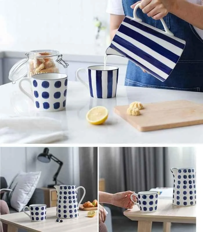 Blue Ceramic Jugs Hand-painted White & Blue 19cm -  - #tag1#