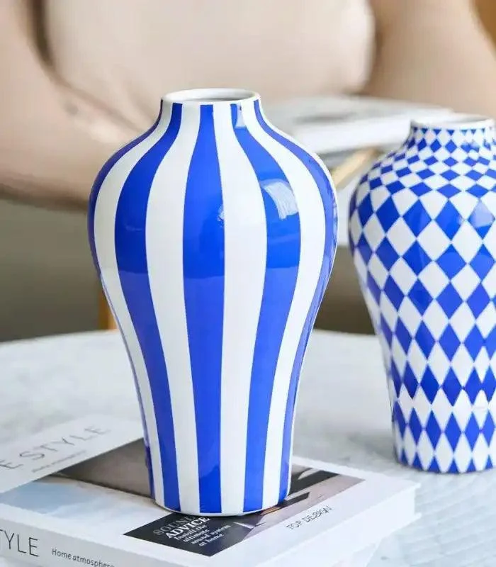 Blue and White Striped Ceramic Vase | Nautical-Inspired Home Decor -  - #tag1#