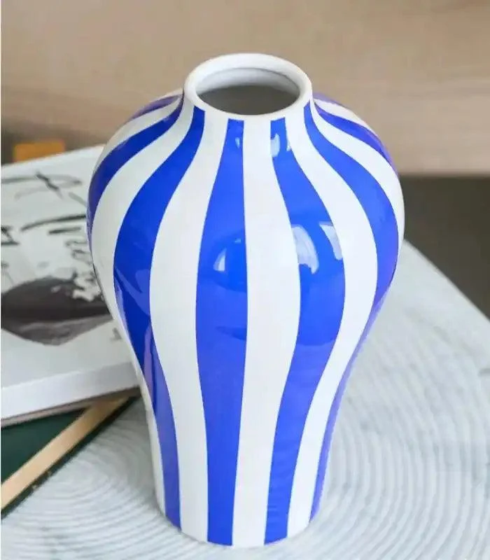 Blue and White Striped Ceramic Vase | Nautical-Inspired Home Decor -  - #tag1#