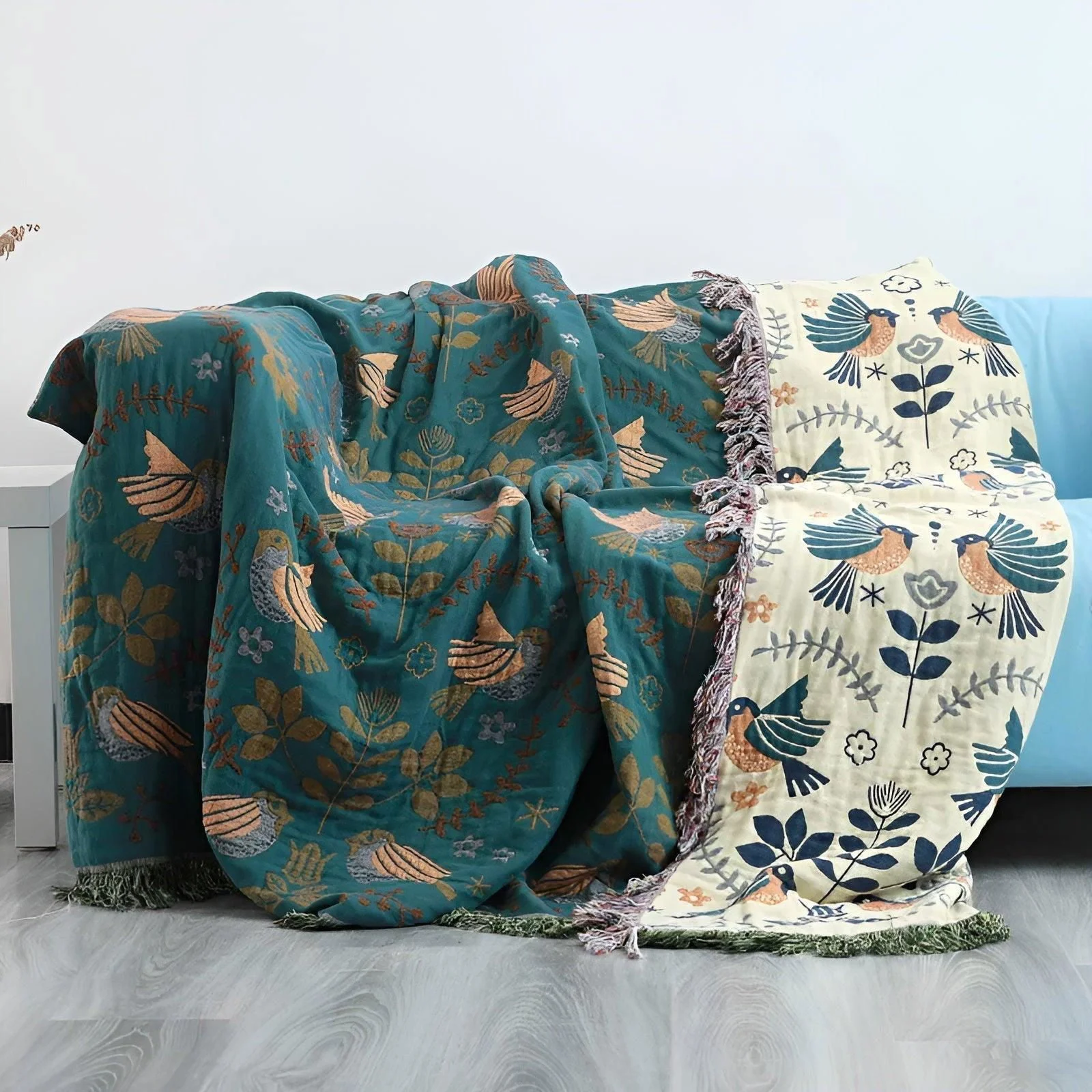 Boho Blanket - Reversible embroidered cotton blanket with birds and flowers -  - #tag1#