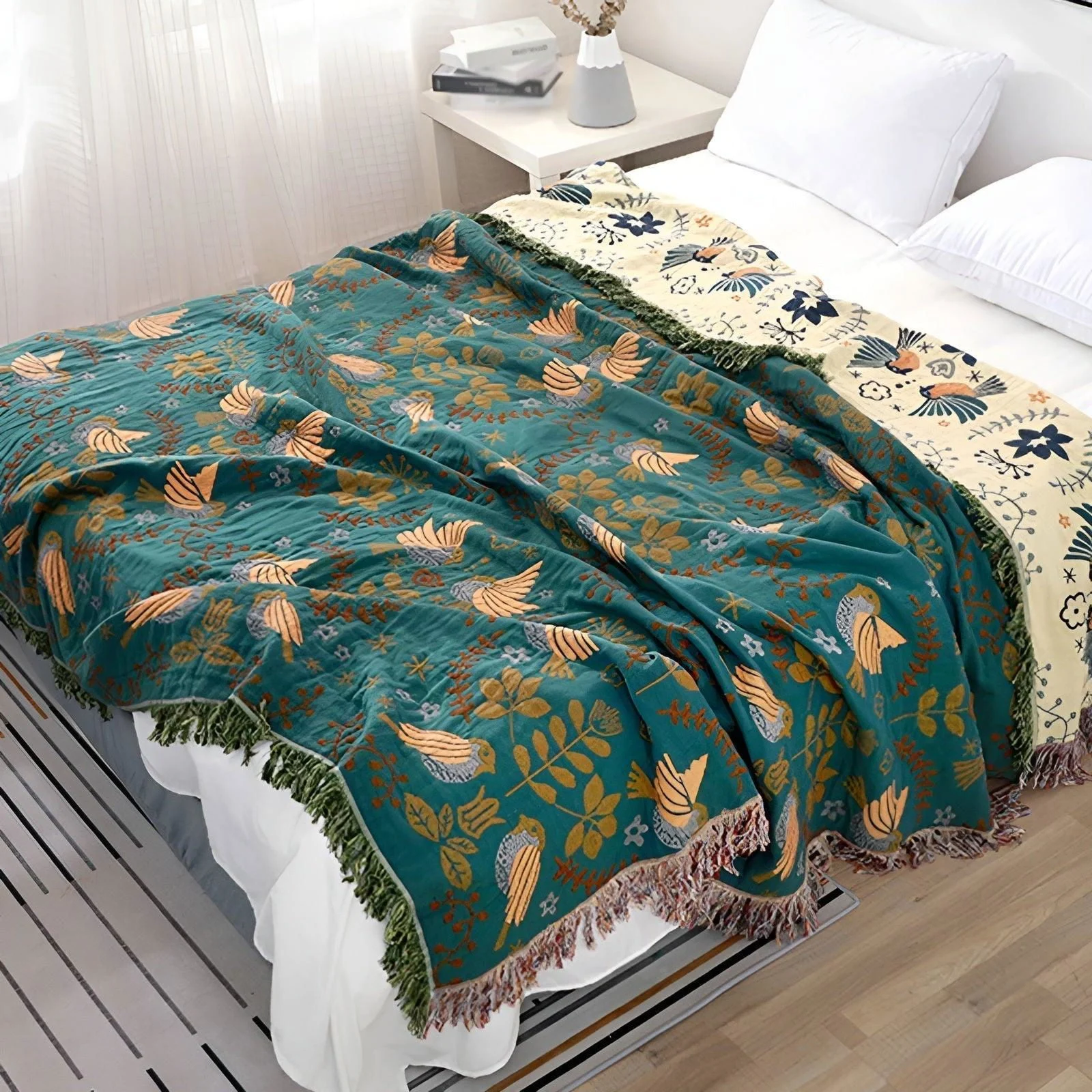 Boho Blanket - Reversible embroidered cotton blanket with birds and flowers -  - #tag1#