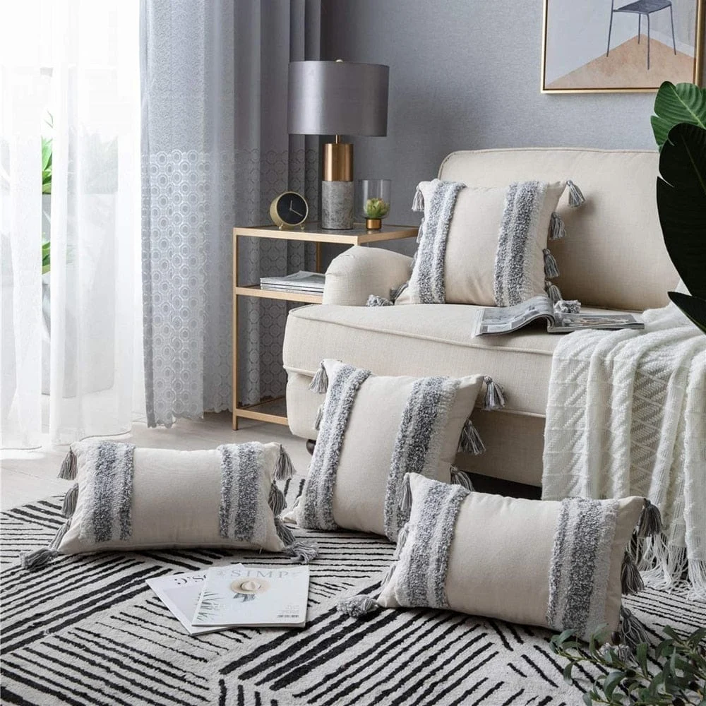 Boho Grey Tassel Pillow Cover -  - #tag1#