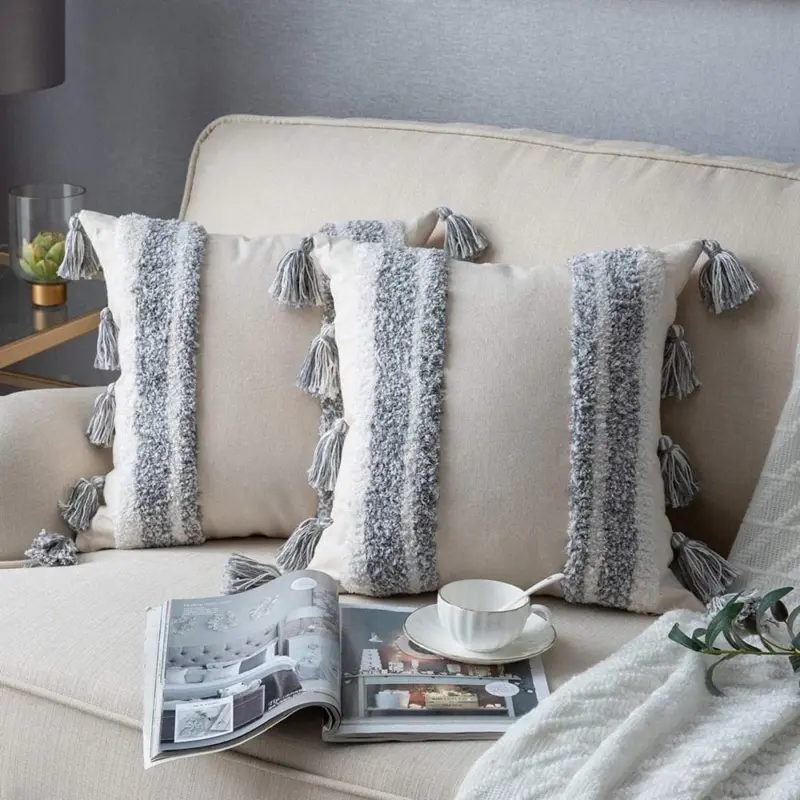 Boho Grey Tassel Pillow Cover tag1