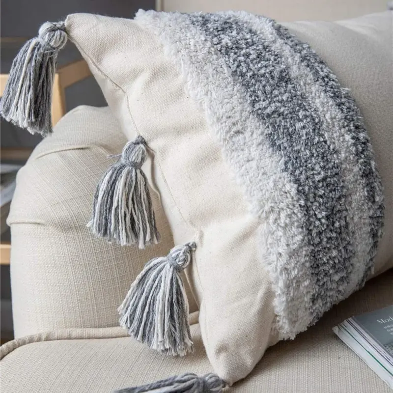Boho Grey Tassel Pillow Cover tag1