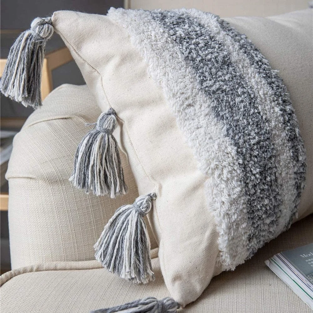 Boho Grey Tassel Pillow Cover -  - #tag1#