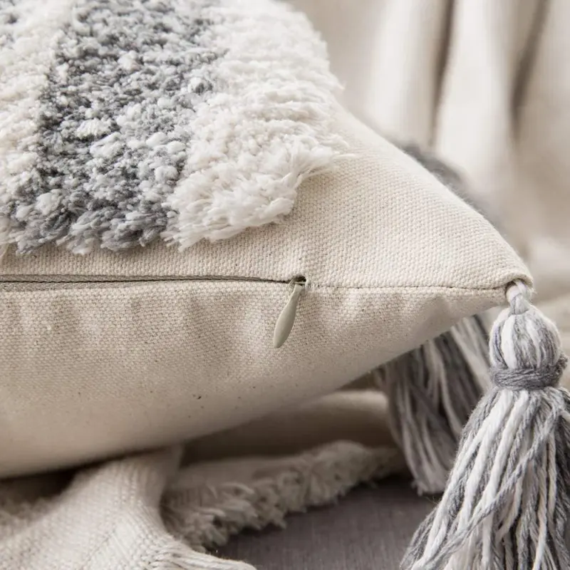 Boho Grey Tassel Pillow Cover tag1