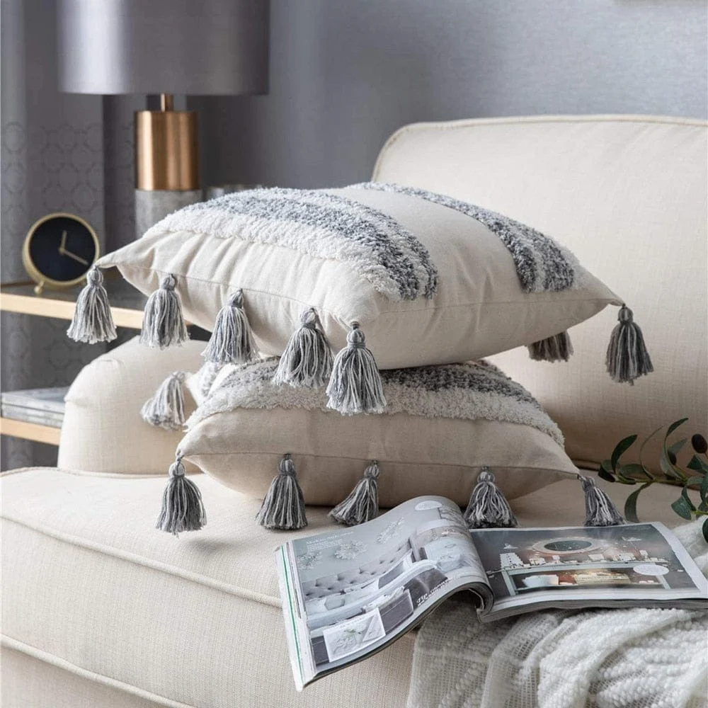 Boho Grey Tassel Pillow Cover -  - #tag1#